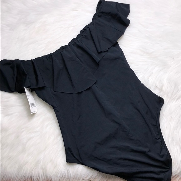 TRINA TURK BLACK RUFFLE OFF SHOULDER  SWIMSUIT 8 - Picture 4 of 4